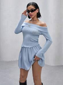 SHEIN Cottnline Two-Piece Ribbed Knit Sweater Set With Off-Shoulder Long-Sleeve Top And Pleated Mini Skirt - Baby Blue - View 2