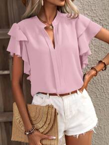 SHEIN Clasi Women's Solid Color V-Neck Ruffle Sleeve Casual Shirt - Pink - View 3