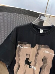 SHEIN 2 件套青少年男童休闲短袖 T 恤和短裤撞色套装，街头朋克摇滚学校日常外出派对音乐节，适合春夏季，英文抽象印花，黑色和紫色 - 卡其色 - 查看 3