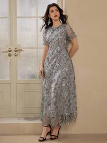 DAZY 女士长款蕾丝装饰度假连衣裙、夏季毕业礼服、婚礼宾客礼服、女士生日休闲连衣裙、女士短款连衣裙、夏季工作连衣裙、夏季加大码连衣裙、亮片连衣裙 - 銀色 - 查看 4