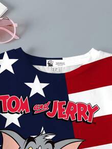 TOM & JERRY X SHEIN Young Girl Summer Casual Cartoon & American Flag Print Round Neck Short Sleeve T-Shirt For 4th Of July