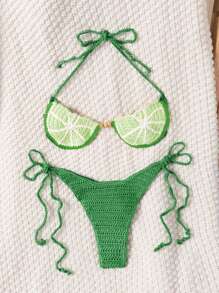 Swim Mod Women's Summer Beach Crochet Lemon Halter Bikini Set - Green - View 4