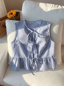 SHEIN PETITE CURVE Plus Size Women Striped Front Tie Ruffle Hem Sleeveless Blouse - Blue and White - View 4