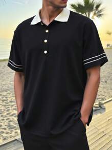 Manfinity Dauomo Men's Simple Contrast Color Button Polo Shirt, Suitable For Summer Wear - Multicolor - View 1