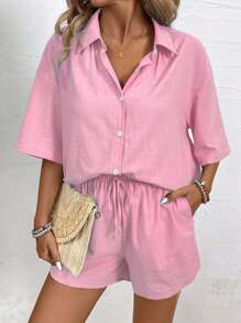 EMERY ROSE Set de 2 piezas de blusa de manga corta y shorts de unicolor para mujer, elegante para el verano