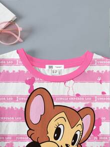 Kimba The White Lion X SHEIN Young Girl Cartoon Pattern Round Neck Short Sleeve T-Shirt For Summer
