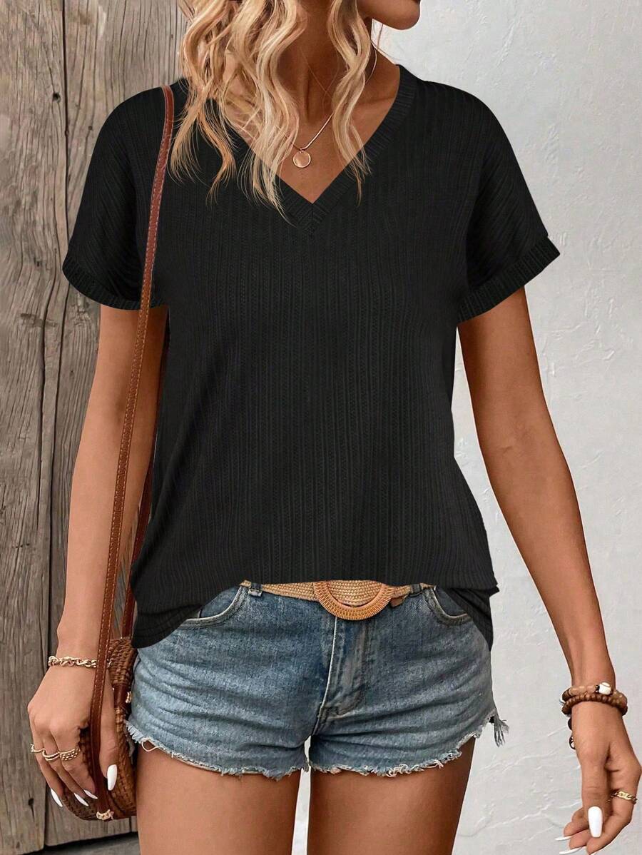 SHEIN LUNE V领休闲百搭纯色短袖T恤，夏季 - 黑色 - 查看 1