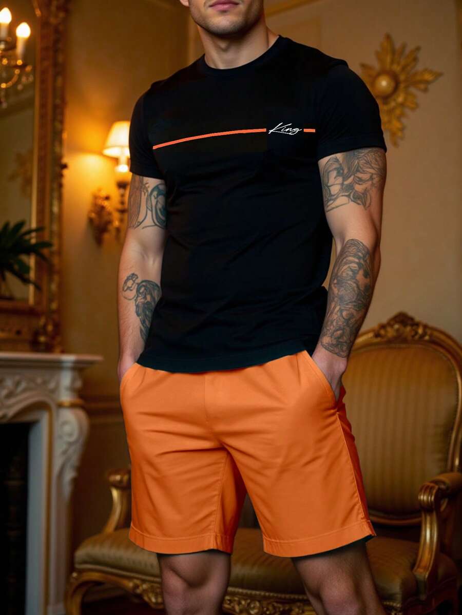 Manfinity Homme 2pcs Men's Casual Letter Print T-Shirt & Shorts Set For Summer - Multicolor - View 1