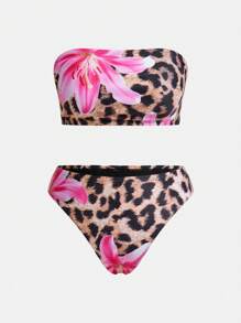 Swim Oasis Plus Size Women Floral & Leopard Print Sexy Halter Tankini Swimsuit Set Z Przezroczystym Nakryciem i Spódnicą Na Letnią Plażę