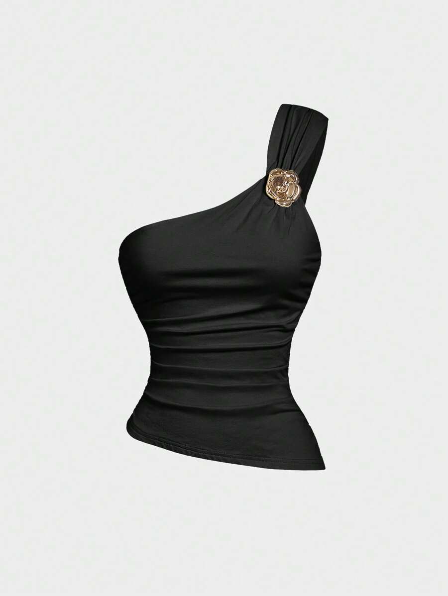 SHEIN MOD 大码女式金色胸针装饰单肩带上衣，派对，闪亮上衣