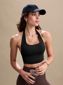 SHEIN Sovereign Charm 1 件套：普通文胸 + 吸湿排汗面料/吊带设计/黑色 + 运动背心 + 无缝/瑜伽 - 黑色 - 查看 5