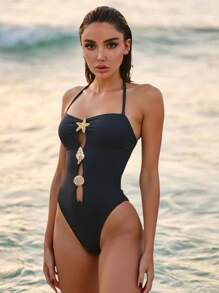 Swim Vcay 1 件女式简约性感镂空海星贝壳金属装饰可拆卸肩带吊带连体泳衣，适合度假 - 黑色 - 查看 3