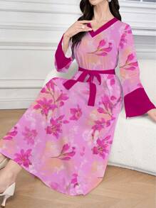 Al Najma 女式花卉印花V领扭纹长袖连衣裙 - 彩色 - 查看 1