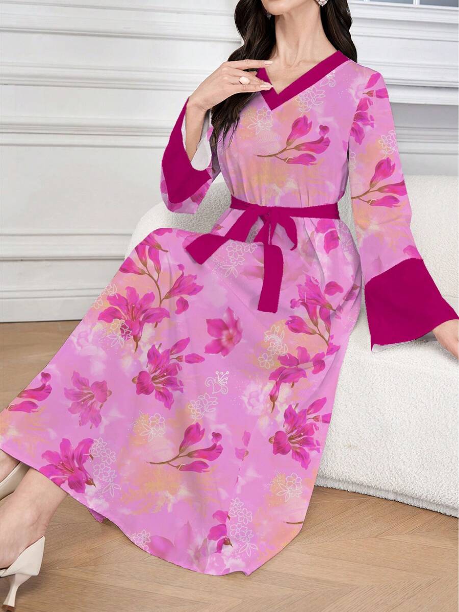Al Najma 女式花卉印花V领扭纹长袖连衣裙 - 彩色 - 查看 1