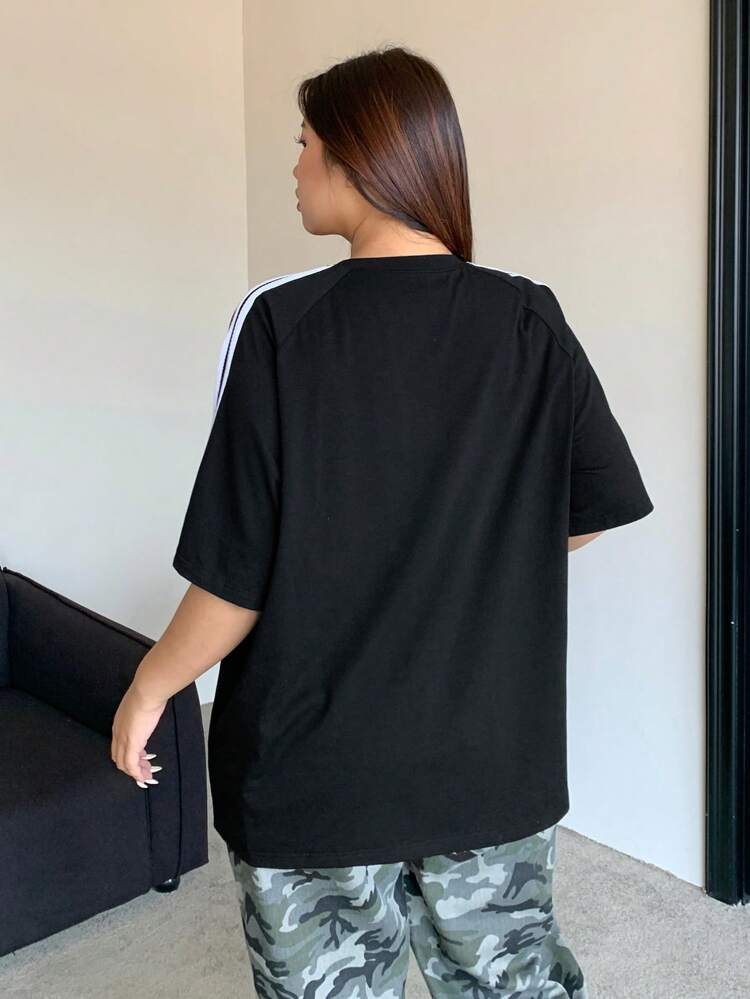 Dazy Plus Round Neck Loose Black Short Sleeve T-Shirt With Contrasting Strap Detail, Summer Workout Clothes Women Over Sized T Shirts Oversized T-Shirt