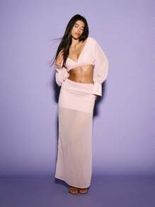 KIZN 双层透明拼接高腰长裙优雅晚会海滩度假装夏季度假罩衫雪纺池畔休闲服