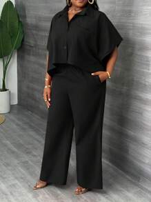 Slaydiva Conjunto de 2 piezas de camisa y pantalón de unicolor talla grande para mujer, elegante, uso diario y para ir a la oficina, estilo casual informal