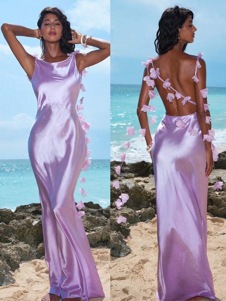 Vestido sin espalda de tejido liso para mujer - Morado - Ver 1