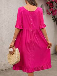 EMERY ROSE Vestido de unicolor de manga corta de largo medio para mujer, de moda para el verano - Rosa Fucsia - Ver 1