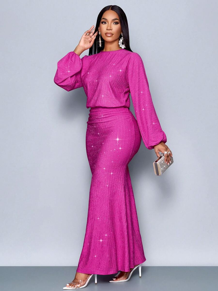 SOLERSUN Elegant Pink Autumn Women Bodycon Mermaid Hem Maxi Dress,Suitable For Christmas Day Party,Vacation & Valentine's Day Outfit Fall Cloth - Hot Pink - View 1