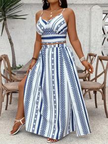 SHEIN VCAY 2pcs Plus Size Spaghetti Strap Top And Skirt Set, Fashionable For Summer,Vacation Outfits Woman,2 Piece Summer Outfit