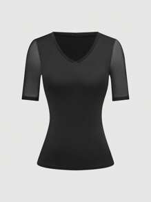 SHEIN Unity 女士时尚黑色网纱短袖V领上衣，夏季必备 - 黑色 - 查看 1