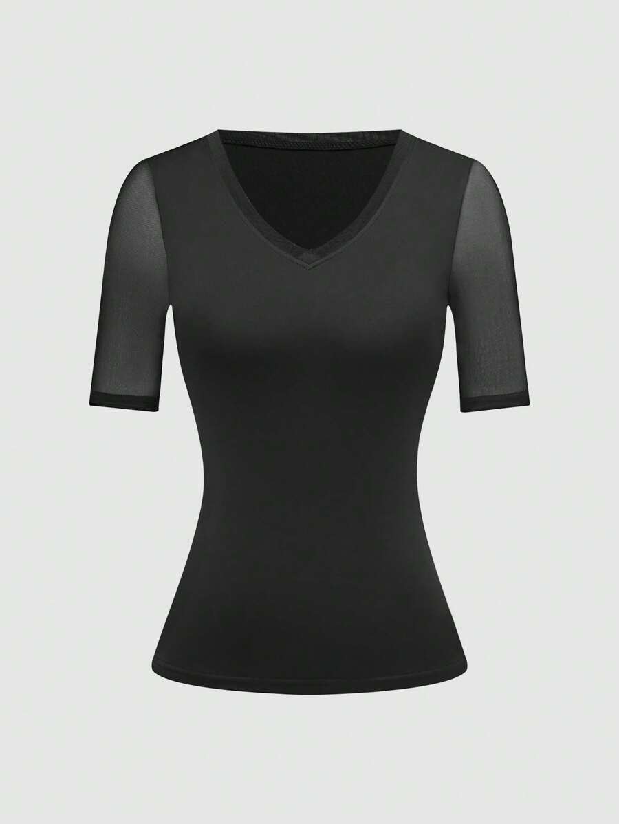 SHEIN Unity 女士时尚黑色网纱短袖V领上衣,夏季必备 - 黑色 - 查看 1