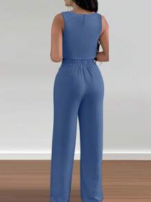 Conjunto de 2 piezas para mujer compuesto por top de tirantes escote en V elegante y pantalones rectos, diseño con lazo hueco - Azul - Ver 2
