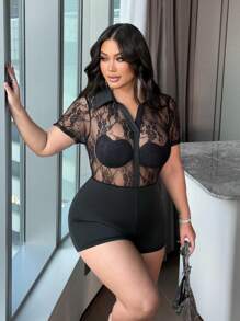 Flirla Plus Size Sexy Lace Patchwork Romper Shorts, Summer - Black - View 4