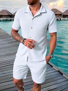 RueChic Conjunto de camisa e shorts regular de tecido rendado especial para homens, moda verão