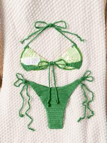 Swim Mod Women's Summer Beach Crochet Lemon Halter Bikini Set - Green - View 2