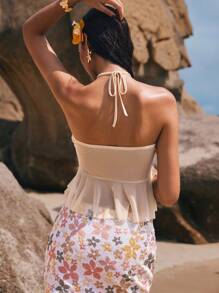 Poéselle Modna bluzka z falbaną na dole i kwiatowym wzorem, odpowiednia na lato - Morela - Zobacz 2