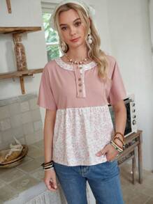 LanaWest Vacation Bohemian Vintage Ditsy Floral Patchwork Short Sleeve T-Shirt For Women - Pink - View 1