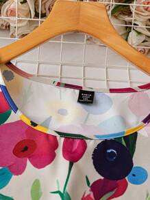 SHEIN LUNE 大码女式休闲宽松圆领盖袖蓝色条纹花卉印花衬衫 - 彩色 - 查看 5