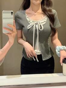DAZY Women's Summer 2 In 1 Ruffled Bowknot Short Sleeve T-Shirt