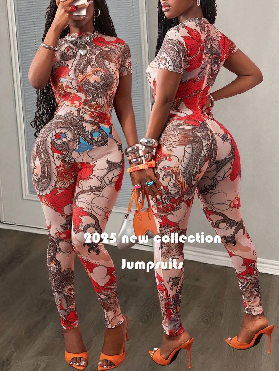 Slaydiva New Spring And Summer Street Music Festival Sexy Small Stand-Up Collar Short-Sleeved Slim Trousers See-Through Full-Frame Dragon Pattern Printed Mesh Women's Tight Jumpsuit-B