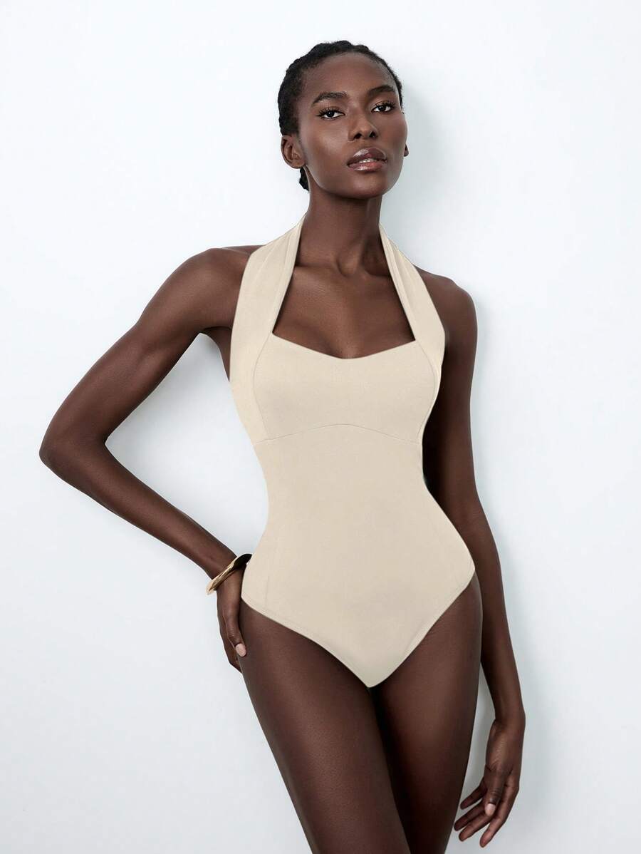 Lumivelle Bodys ajustados de mujer de un solo color con escote de halter y espalda descubierta - Albaricoque - Ver 1