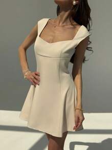 Aloruh Women's Solid Color Sweetheart Neck Cap Sleeve Elegant Mini Dress - Apricot - View 4