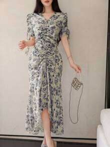 Modelyn Đầm midi thanh lịch, cổ chữ V buộc eo, chất liệu chiffon họa tiết hoa nhỏ xinh cho nữ - trắng - Xem 4