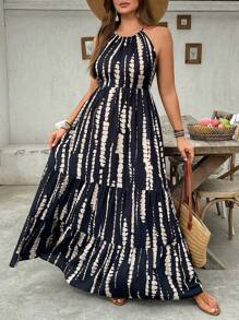 SHEIN VCAY Plus Size Women Black Tie Dye Long Dress,Backless Waist Tied A-Line Hem Summer Boho Flowy Sundress,Vacation Holiday Music Festival Beach Outfits - Black - View 6