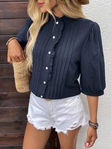 EMERY ROSE Women's Simple Solid Color Button Collar Ruffle Button Up Blouse