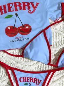 Swim Mod 女式三件套樱桃字母印花比基尼套装，带肩带和丁字裤，另加透明网眼罩衫，女士夏季沙滩装