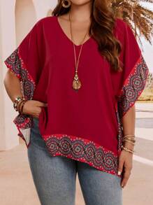 EMERY ROSE Plus Size V-Neck Topy Top,Country Casual Vacation Woman,Simple And Fashionable For Everyday Wear,Summer,Vacation Woman,Going Out Topy Tops,Country Concert,Cute Summer Tops,Western Wear - Red - View 5