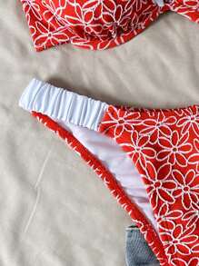 Swim Vcay Springbreak 花卉纹理面料钢圈女式泳装套装，海滩度假比基尼两件套三角褶皱泳装，甜美休闲泳池派对女式泳装 - 紅色 - 查看 5