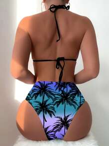 Swim Vcay Conjunto de bikini sexy con escote de atar y estampado de palmeras para mujeres (patrón impreso al azar) - Multicolor - Ver 2