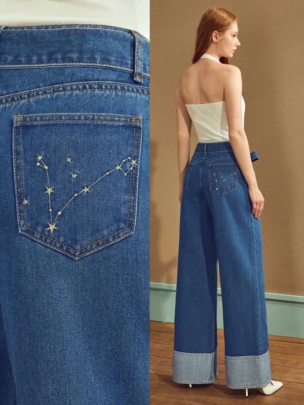 Selenza Pantaloni denim lejeri pentru femei, Selenza Constellation Series Elegant Series Pisces Brodery Pattern Elegant Naveta Casual, Model Cer Înstelat, Vindecător, Senzual, Blând, Amabil, Sincer, Romantic La modă pentru vară