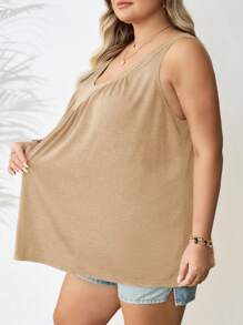 SHEIN CURVE+ 大码女式V领宽松背心，适合夏季/乡村/海滩度假 - 卡其色 - 查看 9