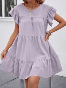 Breezaya Women Summer Solid Color Round Neck Loose Babydoll Dress With Ruffle Trim Vacation Beach Outfit - Purple - View 3