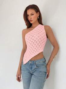 Roylia Women's Casual Loose Asymmetrical Hollow-Out One Shoulder Lightweight Knit Tops, Spring/Summer