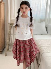 DAZY 2pcs Girls Crew Neck Printed Short Sleeve T-Shirt + Plaid Skirt Set, Summer - White - View 3